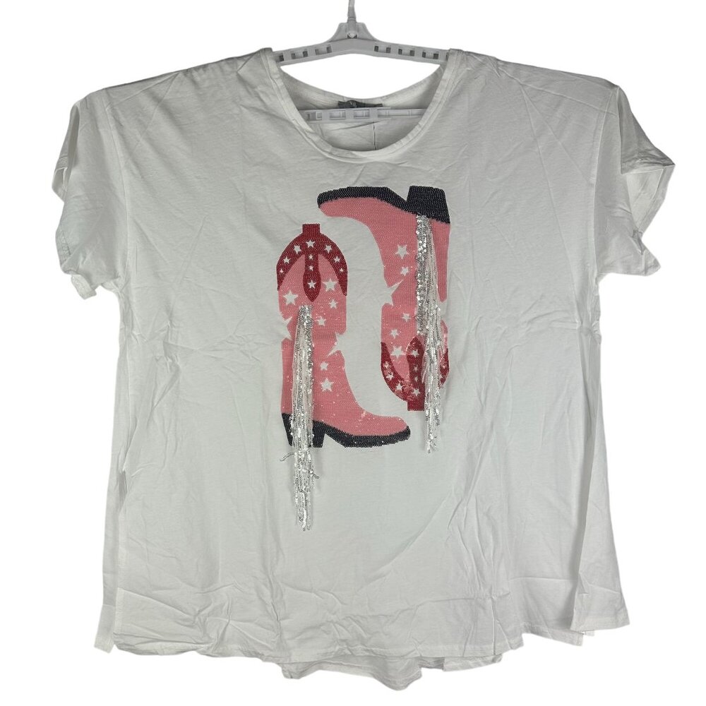 Cowboy Boot Sequin Fringe T-Shirt By Blue b. Collection - Size L